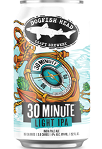 A can of 30 Minute Light IPA with an illustrated time piece pointing to 30