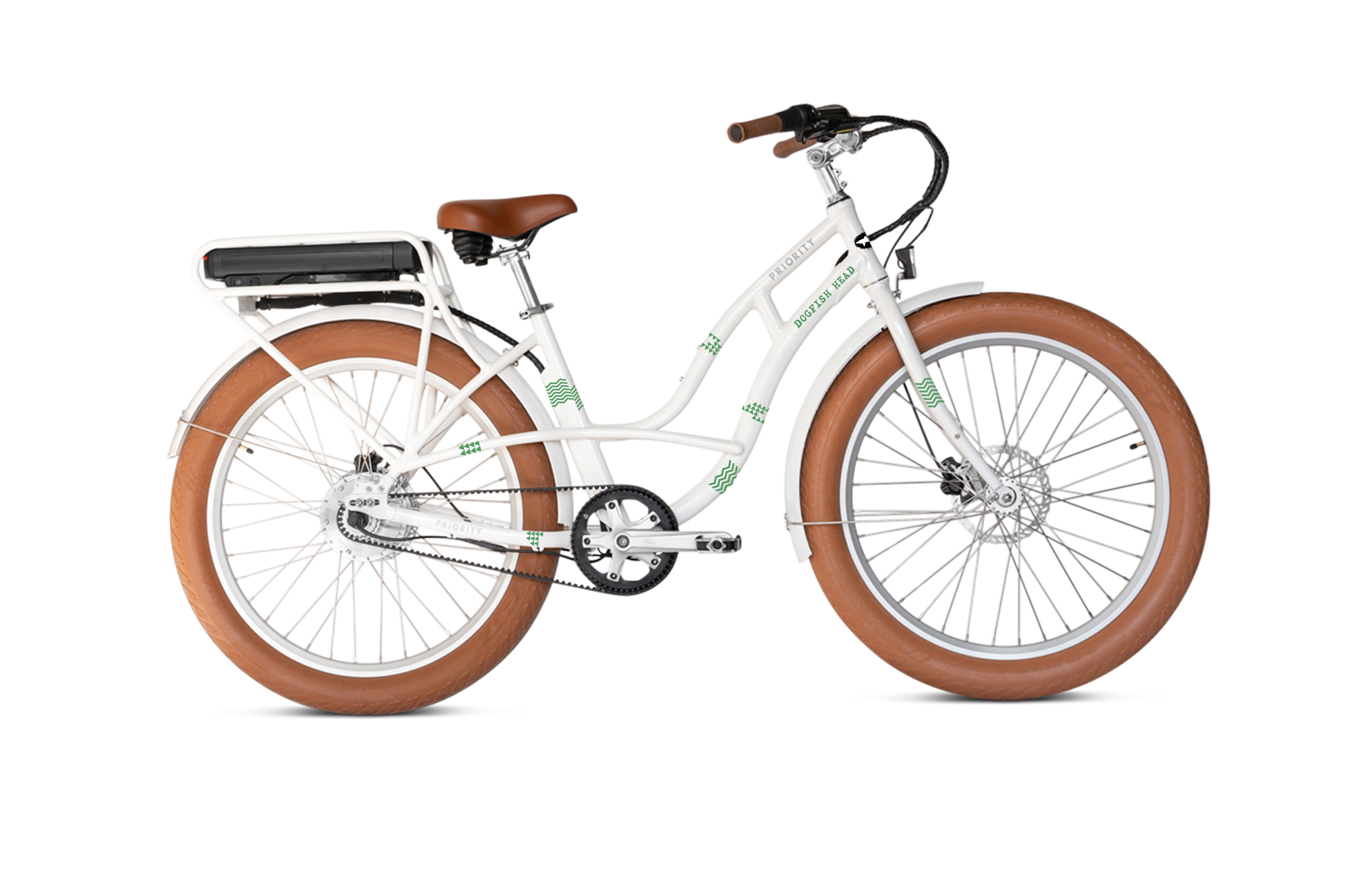 a white bicycle with tan wheels with Dogfish Head and Priority Bikes logos