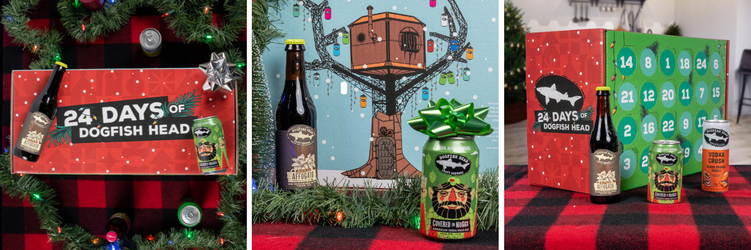 24 Days of Dogfish 24-day exploration package set on a red back drop with Dogfish head product around it 