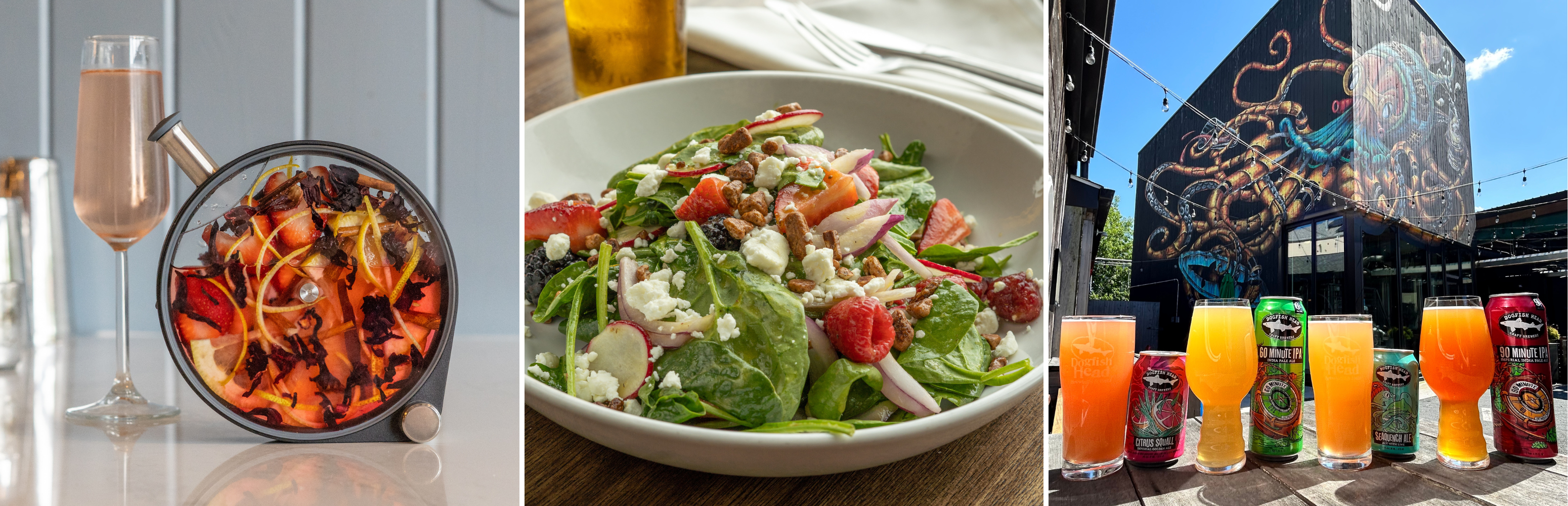 porthole cocktail, summer berry salad, and summer shandies