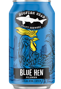 A can of Blue Hen Pilsner with an illustrated hen at the center.