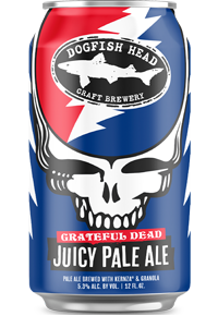 A can of the collaboration with the Grateful Dead with the Deads iconic skull with the Dogfish Shark and SHield set inside.