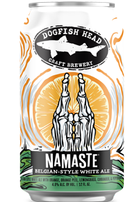 Dogfish Head can of Namaste with an illustrated pair of skeleton hands in the namaste position.