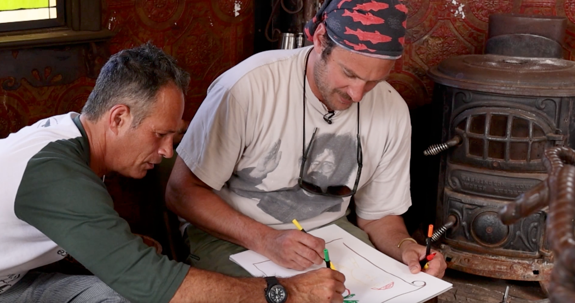 Sam Calagione and Brad Leone coloring in the steampunk treehouse at Dogfish Head in Milton to ideate a label