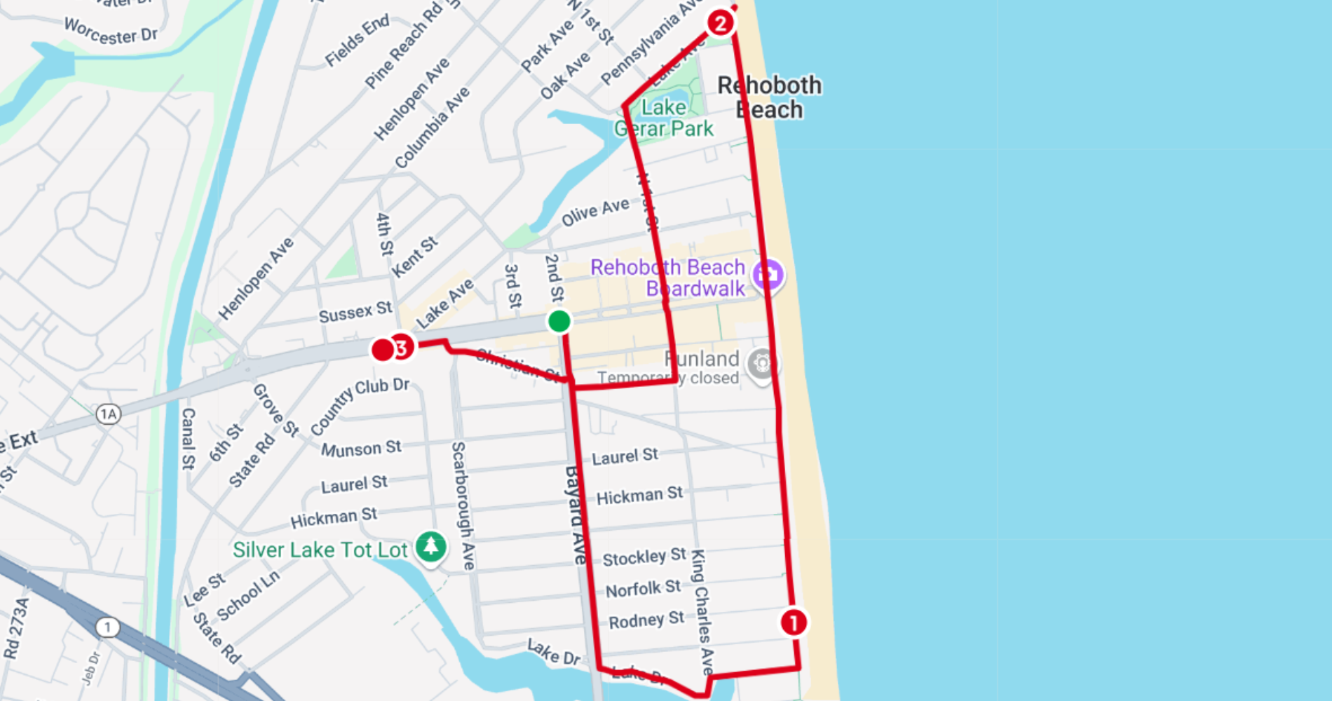 Map of a run route in downtown rehoboth beach delaware