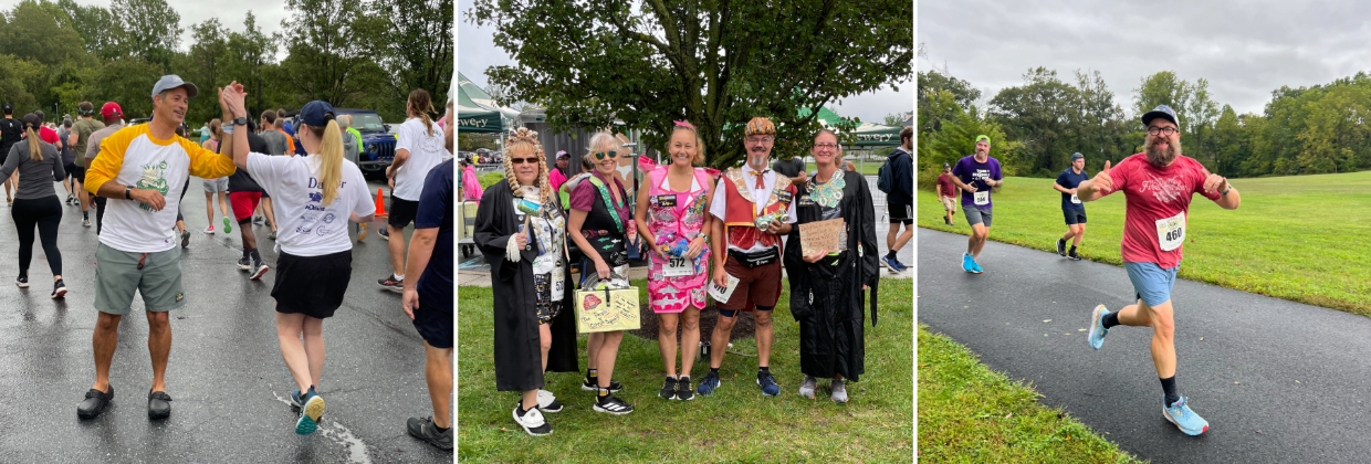 A collage from Dogfish Dash with a runner high fiving Sam Calagione, a group dressed up in recycled costumes and another runner