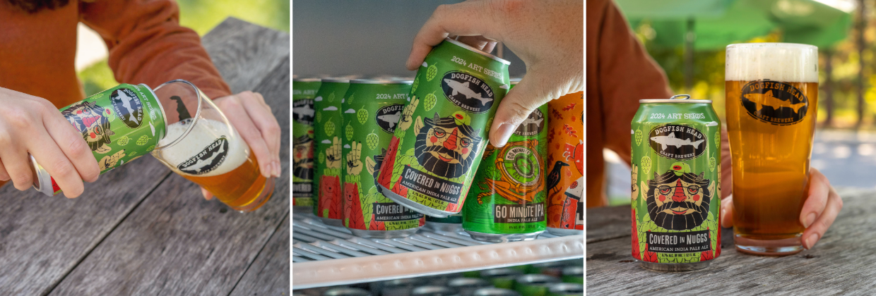 three photos of Dogfish Head's Covered In Nuggs IPA with artwork of a bearded yeti man on each can