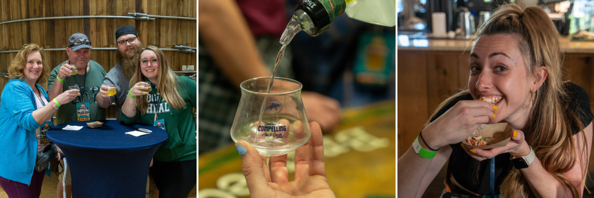 Photos from guests at Weekend of Compelling Ales & Spirits posing with their friends, pouring drinks into a cup and trying food