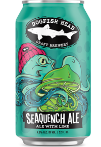 Seaquyench Ale can with an illustrated octopus wearing a tiny beanie hat