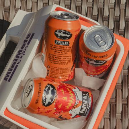 3 12 oz cans of Punkin Ale in an orange cooler