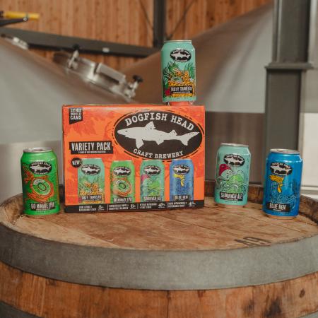 Dogfish Head Fall Variety Pack on a barrel in the brewery