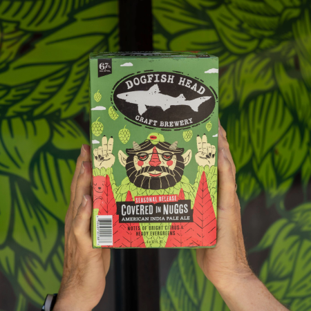 Dogfish Head Covered in Nuggs six-pack with artwork from Methane Studios as the can art