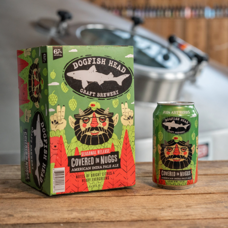 Dogfish Head Covered in Nuggs six-pack alongside a 12 oz. can with artwork from Methane Studios as the can art