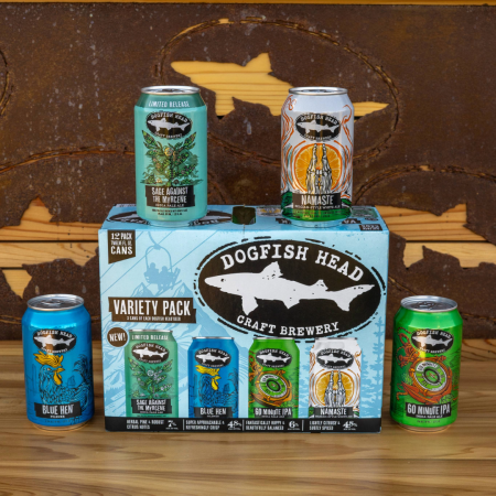 Dogfish Head Winter Variety Pack on a wooden counter top