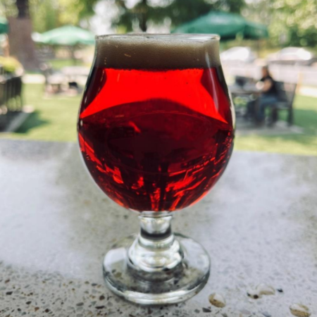 Dogfish Head beer Oak-aged Black & Blue that is ruby red with notes of copper and a light tan head in appearance in a snifter glass.