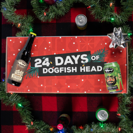 24 Days of Dogfish 24-day exploration package set on a red back drop with Dogfish head product around it 