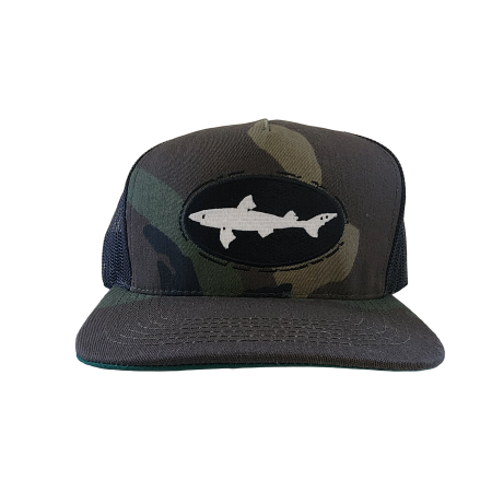 Camo trucker hat with Shark and Shield patch 