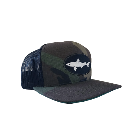 Camo trucker hat with Shark and Shield patch 