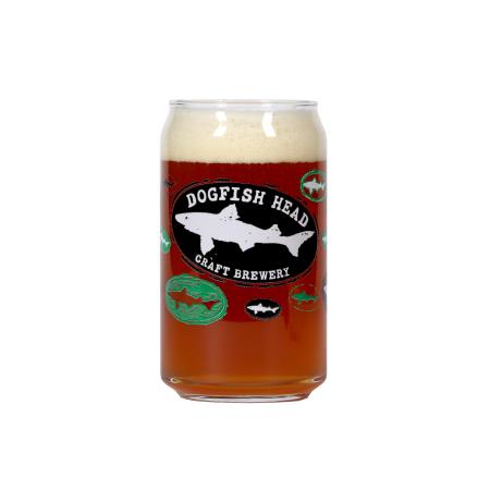 Dogfish Head logo on a can glass filled with a drink