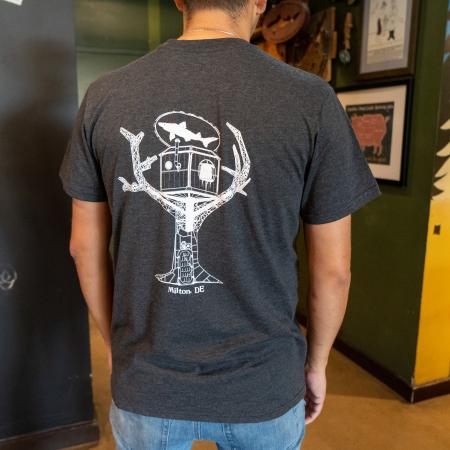 Charcoal Treehouse Tee in Dark Grey with White Dogfish Head Treehouse Design On Back 