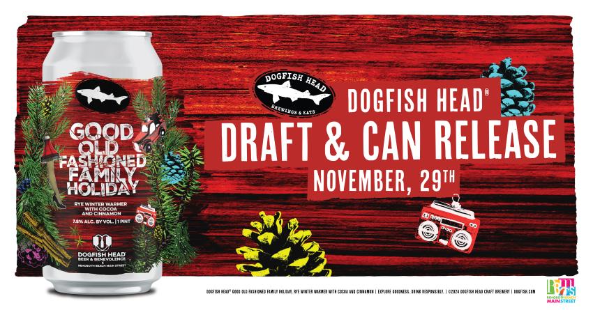 Graphic for Dogfish Head beer Good Old Fashioned Family Holiday with illustrations of pine needles and holiday ornaments 