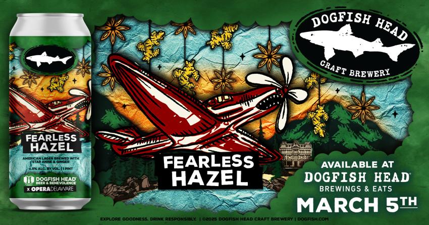 Graphic for Dogfish Head beer Fearless Hazel, a collaboration with OperaDelaware for Beer and Benevolence with illustration of an airplane.