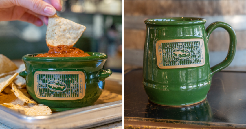 Green ceramic Mug and crock with football inspired emblem and DFH Logo 