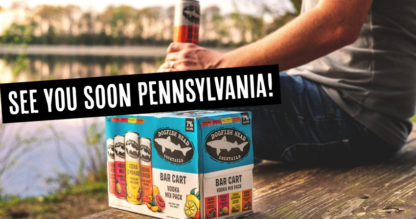 Bar Cart Vodka Mixed Pack of Cocktails on a dock with a person holding one can and a banner that says "See you soon, Pennsylvania!"