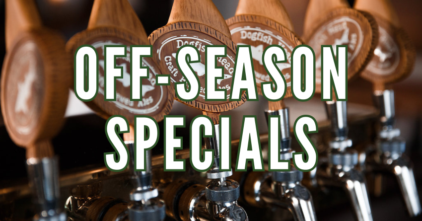 Dogfish Head tap handles with the text "Off-Season Specials" over top