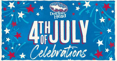 Dogfish Head 4th of July Celebrations banner. Blue background with red and white stars. 