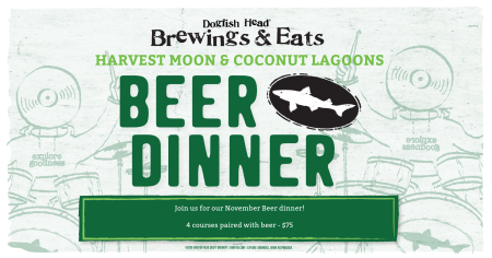 Graphic that reads "Harvest Moon and Coconut Lagoons Beer Dinner" and the Dogfish Head logo