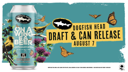 turquoise background, rendering of a can of Dogfish Head beer On A Wing & A Beer, a collaboration with Delaware Nature Society, and illustrations of butterflies and birds