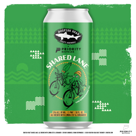 Green graphic depicting Dogfish Head beer Shared Lane, in collaboration with Priority Bicycles. The beer can has an illustration of two sea creatures riding bicycles.