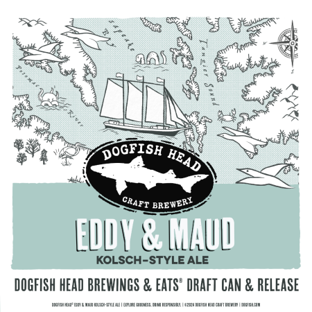 Eddy and Maud beer release graphic with Dogfish Head logo and illustration of a map and sailboat