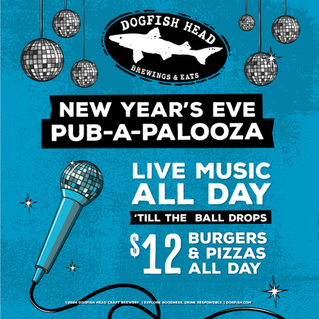 illustration of disco balls, a microphone, Dogfish Head logo and text reading "New Year's Eve Pub-A-Palooza"