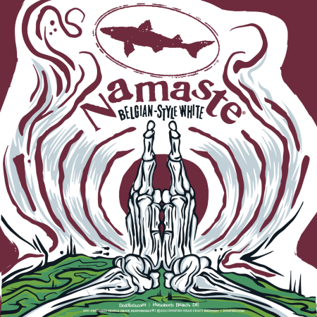 Dogfish Head logo, text reading "Namaste Belgian-style white" and an illustration of skeleton arms held together like they're meditating