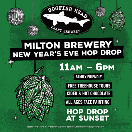 green graphic with illustrations of disco balls, Dogfish Head logo, and text reading "New Year's Eve Hop Drop"