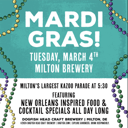 turquoise and white graphic with illustration of Mardi Gras beads and text about the Mardi Gras Parade at the Dogfish Head Milton Brewery