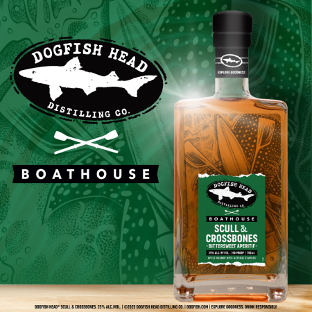 green graphic with Dogfish Head and Boathouse logos and a bottle of Scull & Crossbones Aperitif