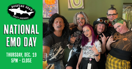 photo of a group of people in emo/punk attire, with Dogfish Head logo and text reading "National Emo Day"