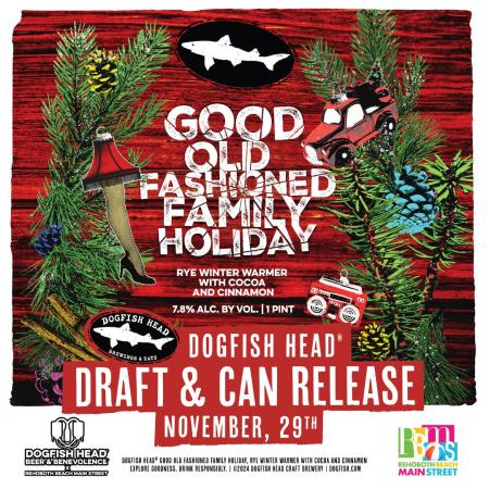 Graphic for Dogfish Head beer Good Old Fashioned Family Holiday with illustrations of pine needles and holiday ornaments 