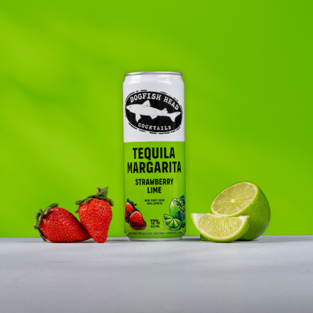 Dogfish Head Strawberry Tequila Margarita canned cocktail with a lime green background