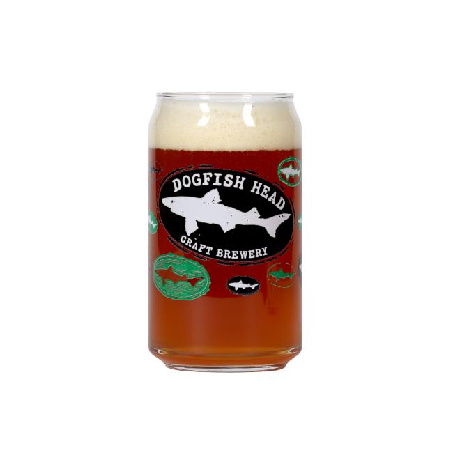 Dogfish Head logo on a can glass filled with a drink