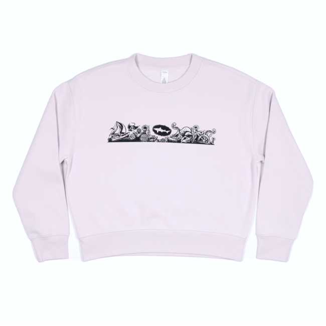 Orchid Crew sweatshirt with black hull and helm aquatic artwork with Dogfish Shark & Sheild 