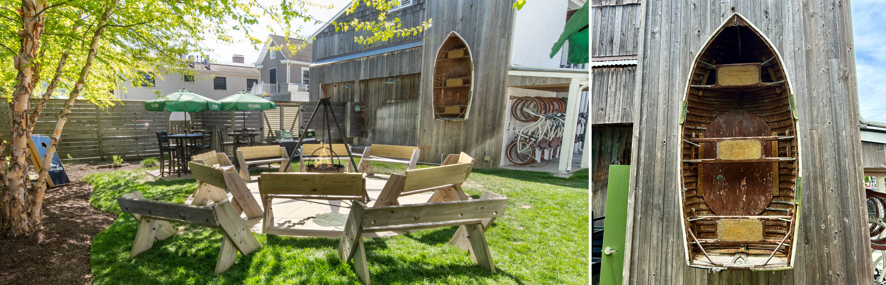 On the left, a wide shot of the firepit area at the Dogfish INN, showing an old rowboat hanging on a wall in the back. On the right, a close up shot of the rowboat.