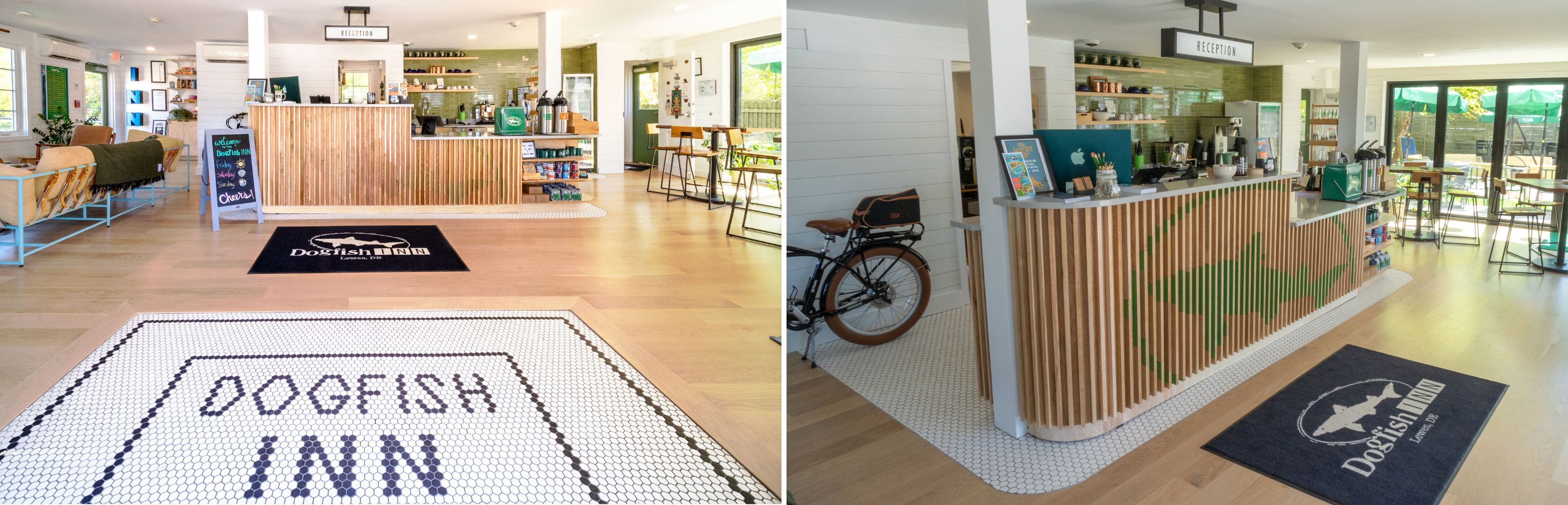 2 photos of the Dogfish INN lobby. 1 photo shows the front desk and the decoration of the Dogfish Head logo on it.