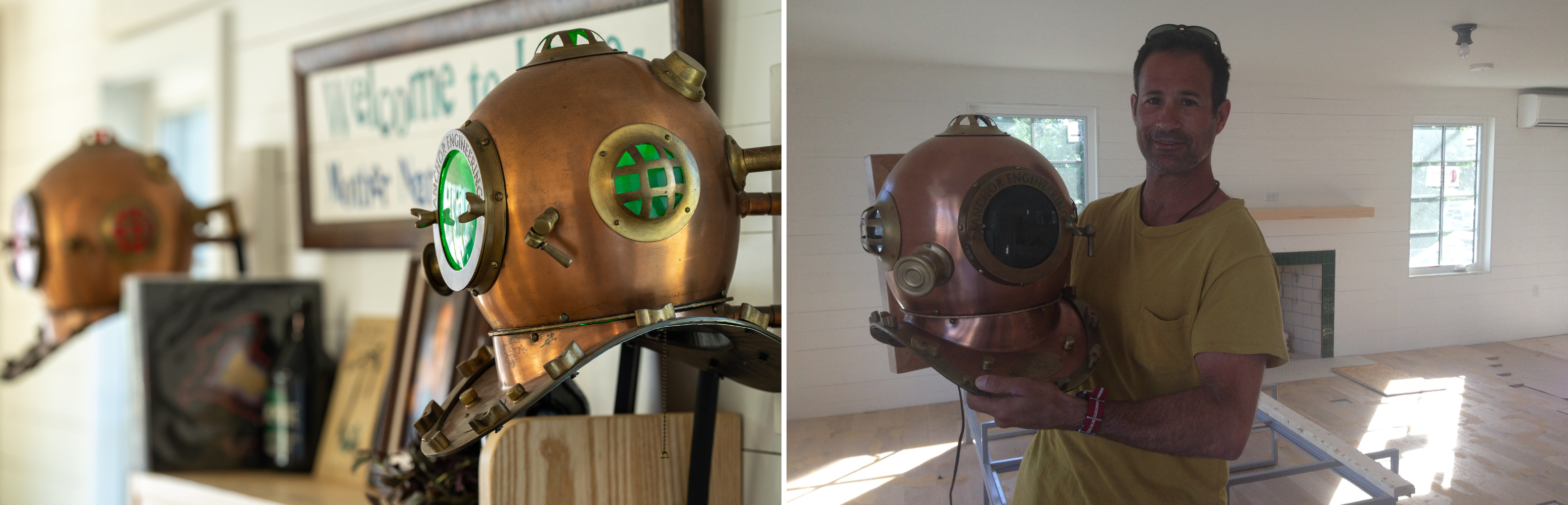 On the left, a photo of vintage submarine helmets hanging on a wall. On the right, a photo of Dogfish Head founder Sam Calagione holding one of the helmets during construction of the Dogfish INN.