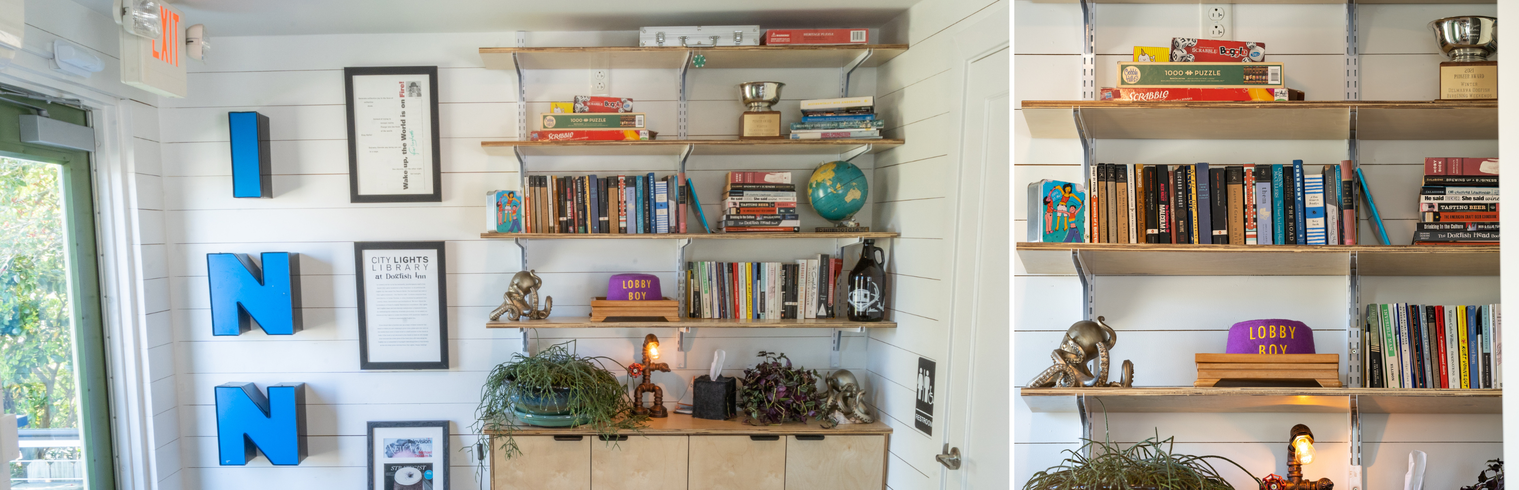 Photos of the City Lights Library at the Dogfish INN. Shelves with books and small decorations.