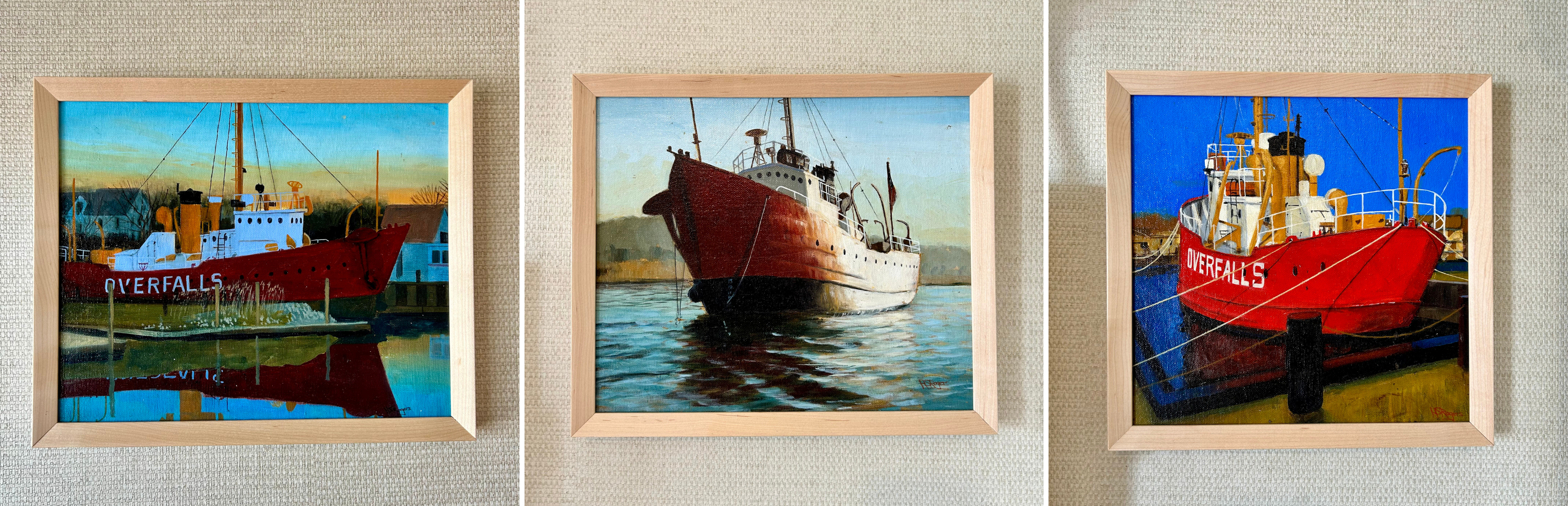 3 photos of paintings of the boat called Lightship Overfalls in Lewes Delaware. 