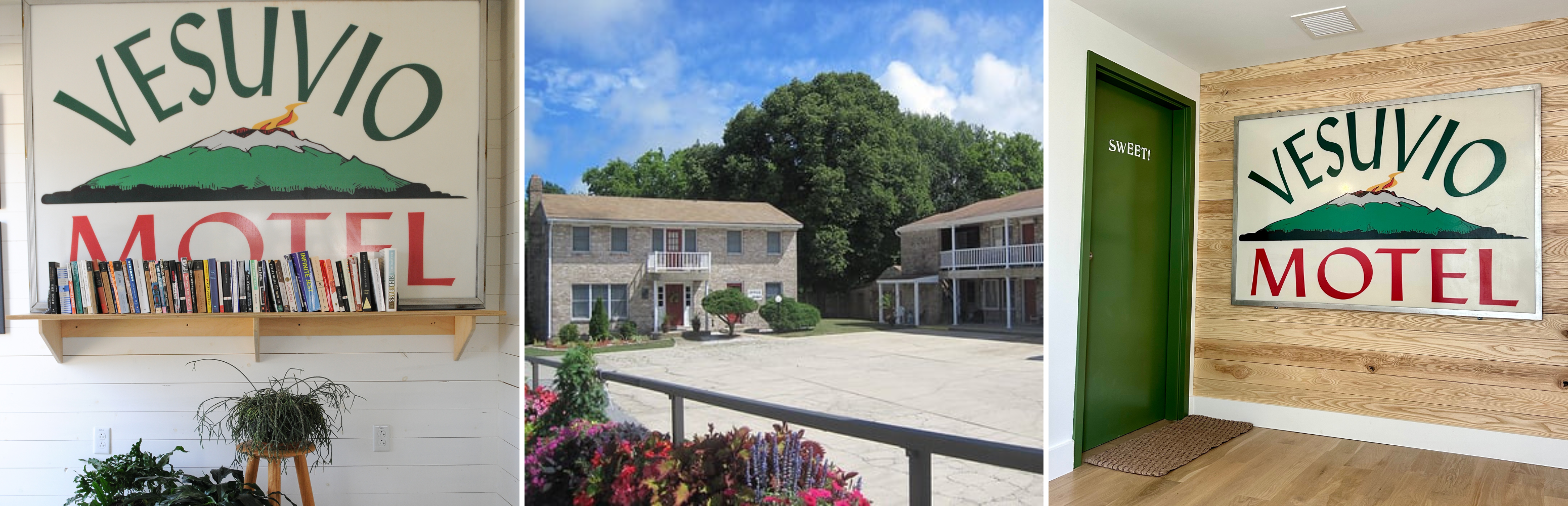 In the center, an old photo of the Vesuvio Motel in Lewes Delaware, which is now the Dogfish INN. On each side, photos of the original Vesuvio Motel sign used as decoration inside the Dogfish INN.